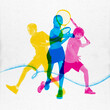 © master1305 - Three kids in mid-action, overlapping in bold colors, emphasizing speed and excitement of playing tennis. Little athletes. Contemporary art collage. Concept of sport, active and healthy lifestyle