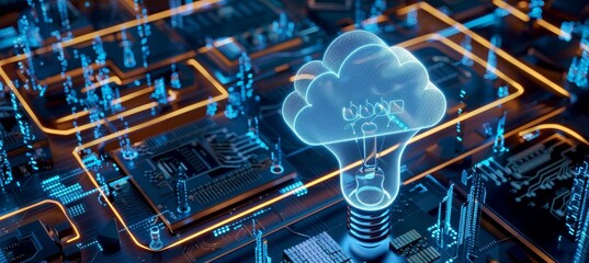 Cloud Computing Concept, Cloud Shaped Lightbulb on Circuit Board, Big Data, Artificial Intelligence