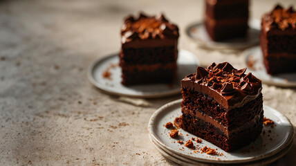 A rich, moist chocolate layer cake with decadent frosting, presented on a rustic plate with crumbs on the side.