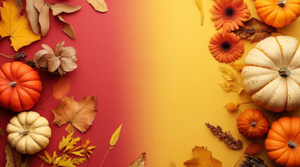 Autumn thanksgiving card with pumpkins, dry flowers and leaves. Split warm brown and gold background. Generative AI