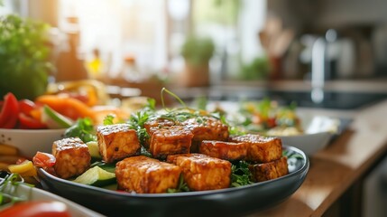 Bright kitchen filled with soy dishes: golden tempeh, creamy tofu, fresh herbs, and sunlight's glow.