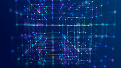 Poster - Information storage cells. Abstract background with dots and lines. Network connection structure. Big data digital background. 3D rendering.