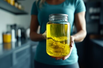 Woman holding a jar of golden oil symbolizing the nourishing benefits of natural oils for beauty skincare and overall wellness in a healthy lifestyle