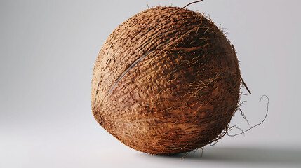 A close-up of a coconut isolated on a pristine white surface, showcasing its natural texture and shape in sharp detail