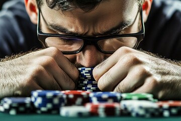 A poker player intently focuses on a towering stack of colorful poker chips, captured in a moment of intense concentration and strategic gameplay.