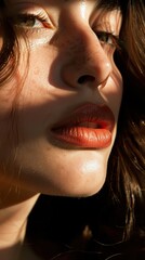 Poster - Close Up Portrait of a Woman with Sunlight on Her Face