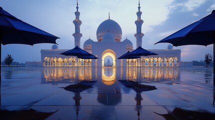 Wall Mural - A Grand Mosque with Blue Umbrellas and Reflections in Wet Pavement