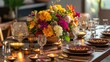 © irissca - Elegant Diwali dining table with vibrant floral centerpiece and decorative candles for festive celebration