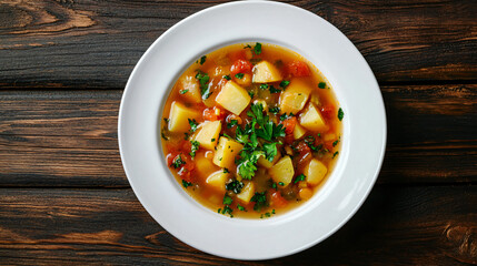 Savory and satisfying vegetable soup with potatoes, tomatoes, and fresh herbs, presented on a rustic wooden table