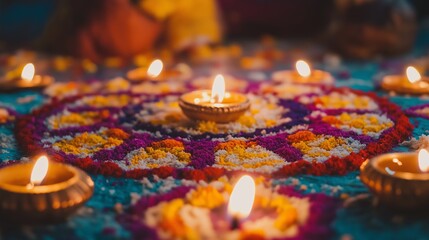 Canvas Print - Vibrant Diwali rangoli adorned with glowing diyas, captured in a festive atmosphere with soft bokeh effects