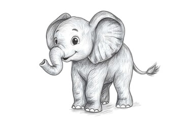 Cute funny elephant. Cartoon character isolated on white background. Illustration in pencil sketch style