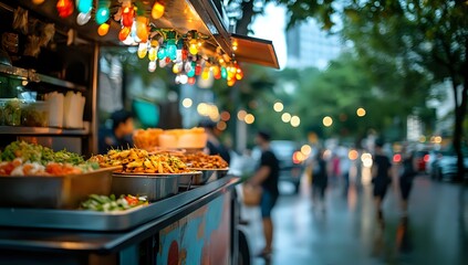 Street Food Cart with Colorful Lights and Delicious Dishes at Night