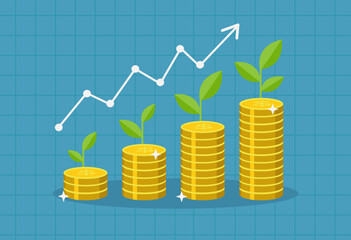 Graph growing money in flat style. Stacks of coins. Income growth finance concept