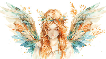 Boho Christmas angel with a halo of feathers, watercolor illustration isolated on white background