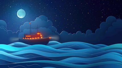 A Ship Sailing on a Starry Night Sea