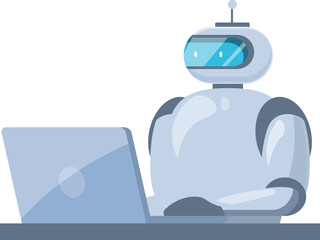 Poster - Modern robot is sitting at a desk and working on a laptop computer