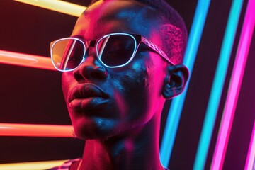 Wall Mural - A person wearing glasses stands out against a vibrant neon light backdrop