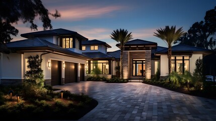 Wall Mural - Panoramic view of modern luxury house with garage and pool.