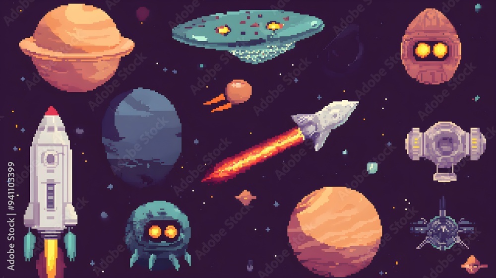 Space Arcade game interface elements with Pixel Art icons, Planets, Ufo ...