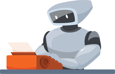Poster - Robot sitting at desk and typing using typewriter, artificial intelligence concept