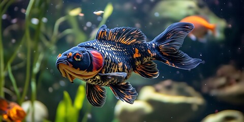 Black and orange goldfish swimming in a tank with green plants.