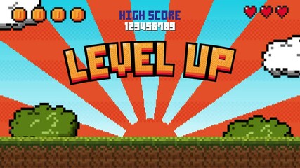 Wall Mural - Pixel art game level up press start background.Video game level up background. Retro 8 bit video game interface with You Win text, computer game level up background.	