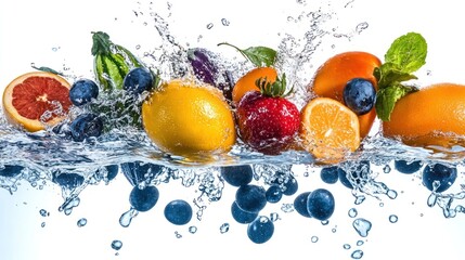 Fresh multi fruits and vegetables splashing into blue clear water splash healthy food diet freshness concept isolated white background.generative AI