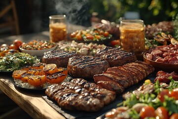 A summer barbecue with a table full of grilled meats, salads, and drinks