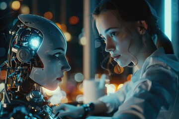 Poster - Two people studying the design of a robot's face, possibly discussing its functionality and aesthetics