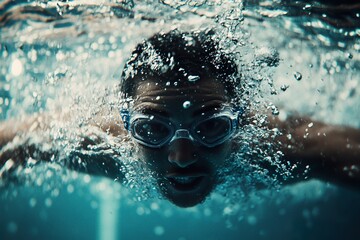 A swimmer diving into the pool, creating a splash as they break the waters surface