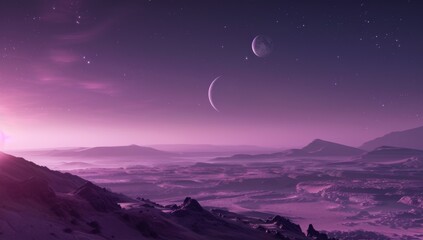 Alien barren landscape with planets in purple sky, mountains in the distance and hazy atmosphere