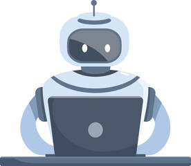 Poster - Robot sitting at desk and working on laptop, artificial intelligence concept