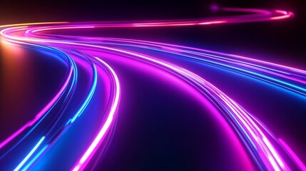 Poster - neon light trails in pink and blue curving through a dark space with sparkling particles