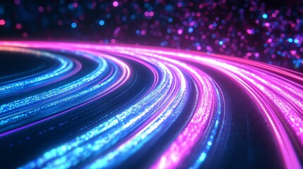 Poster - neon light trails in pink and blue curving through a dark space with sparkling particles