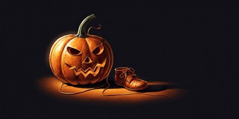 Poster - A pumpkin with a scary face and a shoe next to it