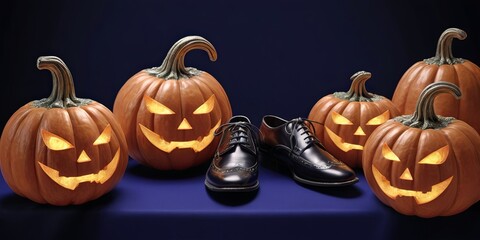 Poster - A man's shoes are next to a row of pumpkins with their eyes lit up