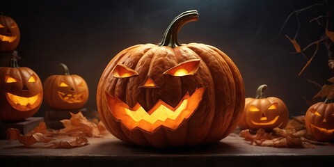 Poster - A pumpkin with a scary face is surrounded by other pumpkins