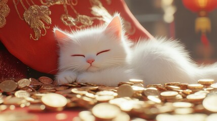 Wall Mural - A white kitten is sleeping on a pile of gold coins