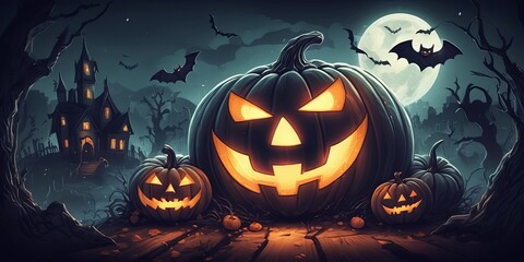 Poster - A Halloween scene with a large pumpkin and three smaller pumpkins