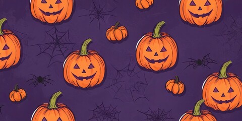 Poster - A purple background with a pattern of orange pumpkins and spiders