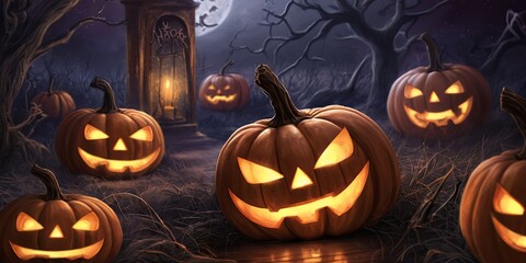 Poster - A group of pumpkins with their eyes open and glowing in the dark