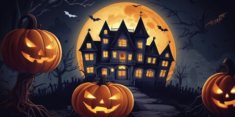 Poster - A Halloween scene with a large house and three pumpkins