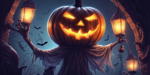 Poster - A scary Halloween scene with a pumpkin head and bats