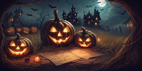 Poster - A Halloween scene with three pumpkins and a candle on a table