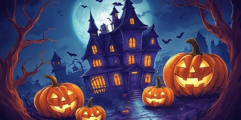 Poster - A Halloween scene with a large house and several pumpkins