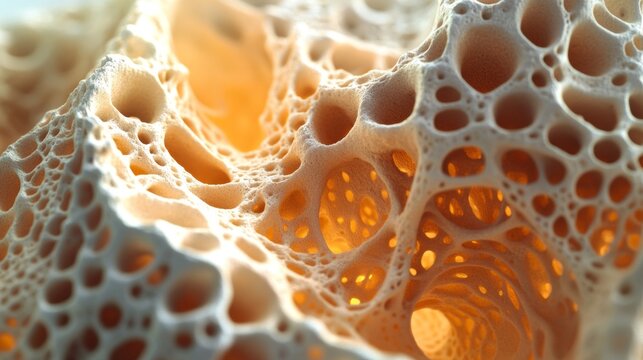 Close-up of porous organic material with warm golden light shining through the holes