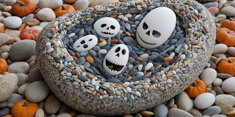 Poster - A rock with four skulls and a pumpkin on top