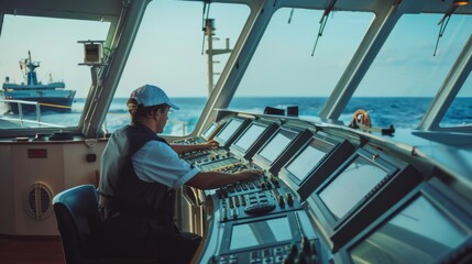 Wall Mural - A ship officer navigates from a modern bridge stocked with numerous control panels, overseeing blue ocean waves and nearby vessels.