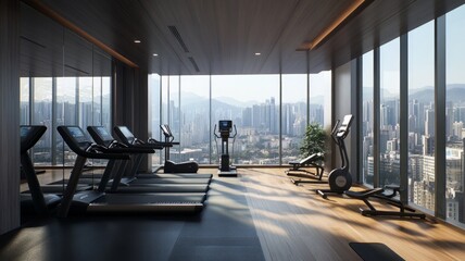 A gym with a view of the city