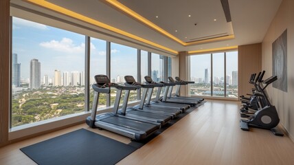 A gym with treadmills and a view of the city